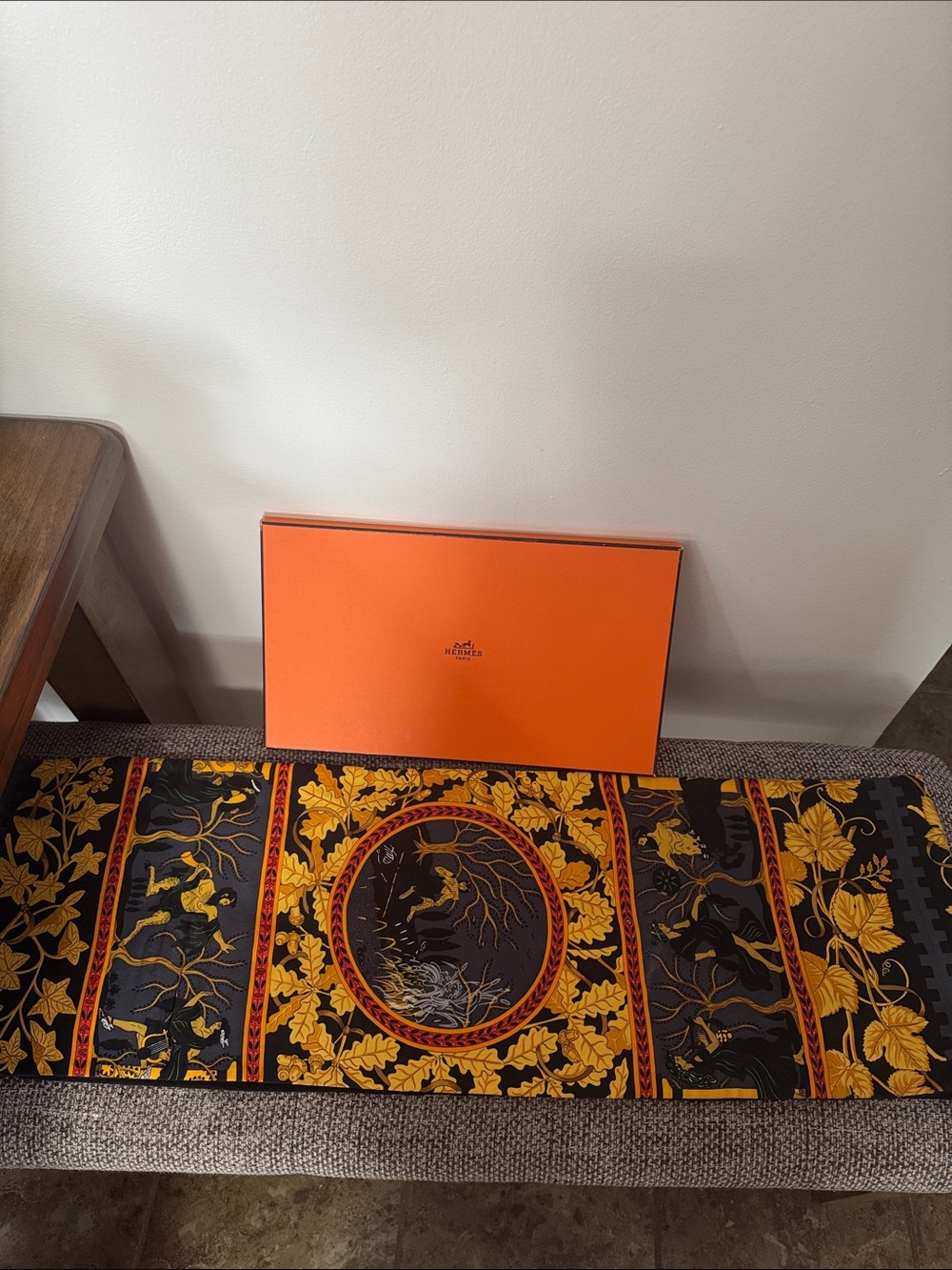 Hermès Silk Scarf in Black and Gold Botanical Medallion Design